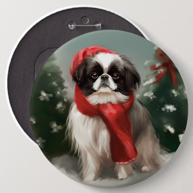 Japanese Chin Dog in Snow Christmas  Button (Front & Back)