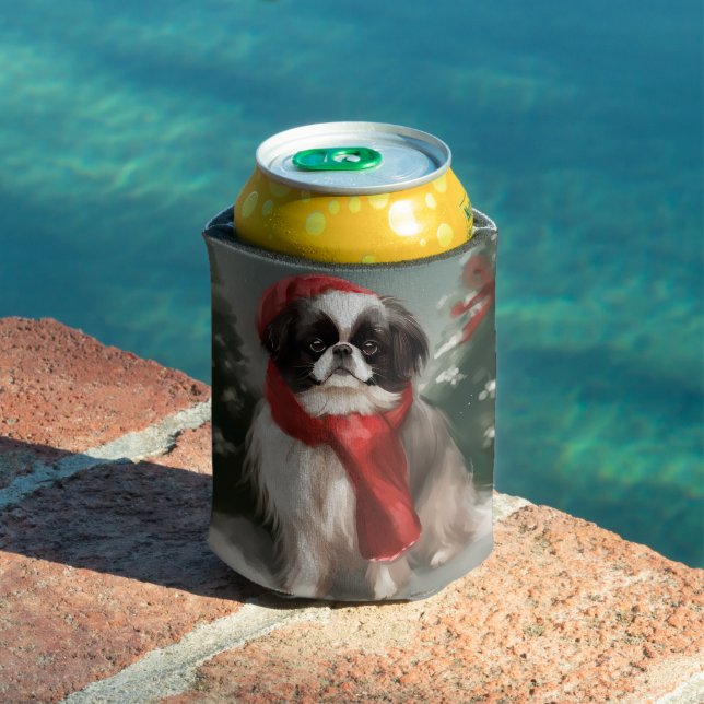 Japanese Chin Dog in Snow Christmas  Can Cooler (In Situ Pool)