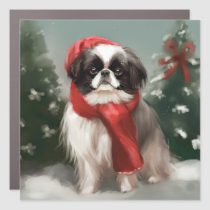 Japanese Chin Dog in Snow Christmas Car Magnet