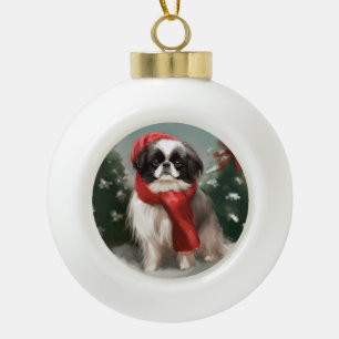 Japanese Chin Dog in Snow Christmas  Ceramic Ball Christmas Ornament