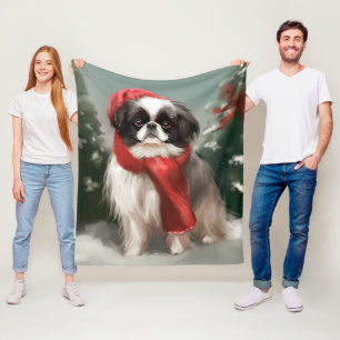 Japanese Chin Dog in Snow Christmas  Fleece Blanket