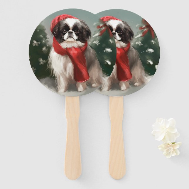 Japanese Chin Dog in Snow Christmas  Hand Fan (Front and Back)