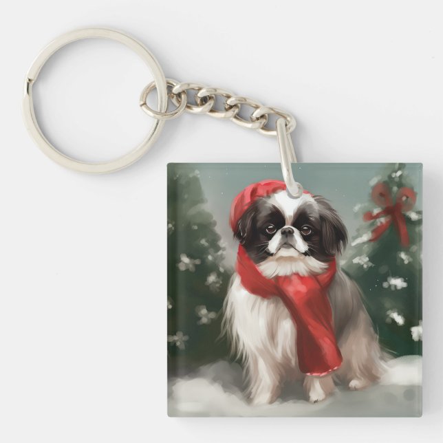 Japanese Chin Dog in Snow Christmas  Keychain (Front)