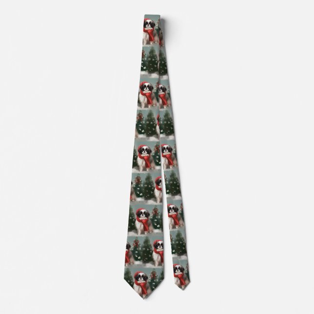 Japanese Chin Dog in Snow Christmas  Neck Tie (Front)