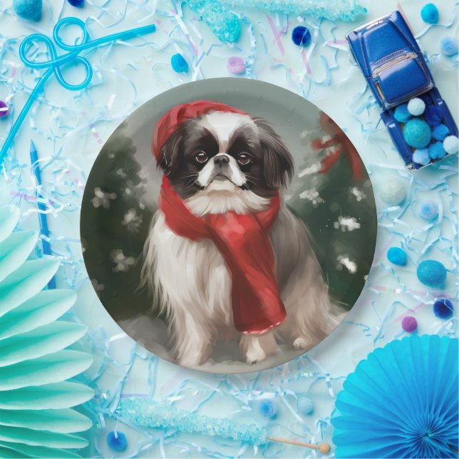 Japanese Chin Dog in Snow Christmas  Paper Plates (Party)