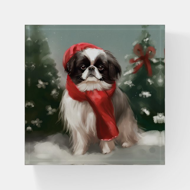 Japanese Chin Dog in Snow Christmas  Paperweight (Front)