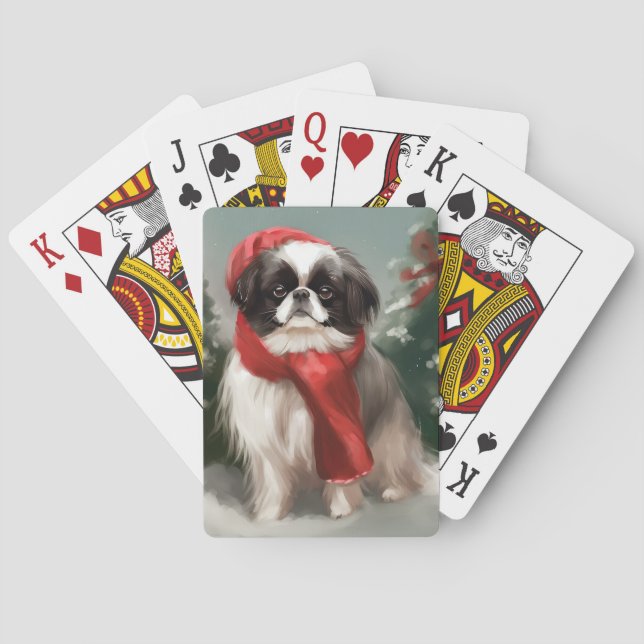 Japanese Chin Dog in Snow Christmas  Poker Cards (Back)
