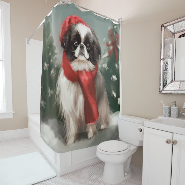 Japanese Chin Dog in Snow Christmas  Shower Curtain (In Situ)