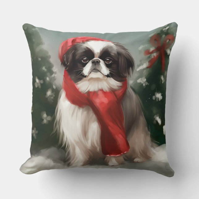 Japanese Chin Dog in Snow Christmas  Throw Pillow (Front)