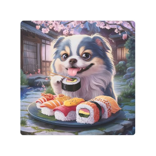 Japanese Chin  Dog Puppy Eating Sushi Metal Print