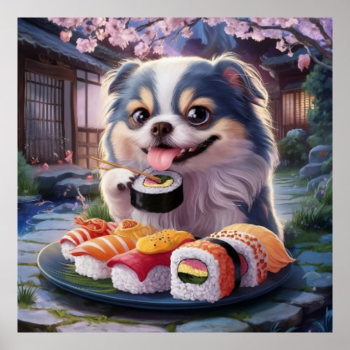 Japanese Chin  Dog Puppy Eating Sushi Poster