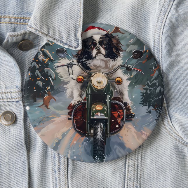 Japanese Chin Dog Riding Motorcycle Christmas Button (In Situ)