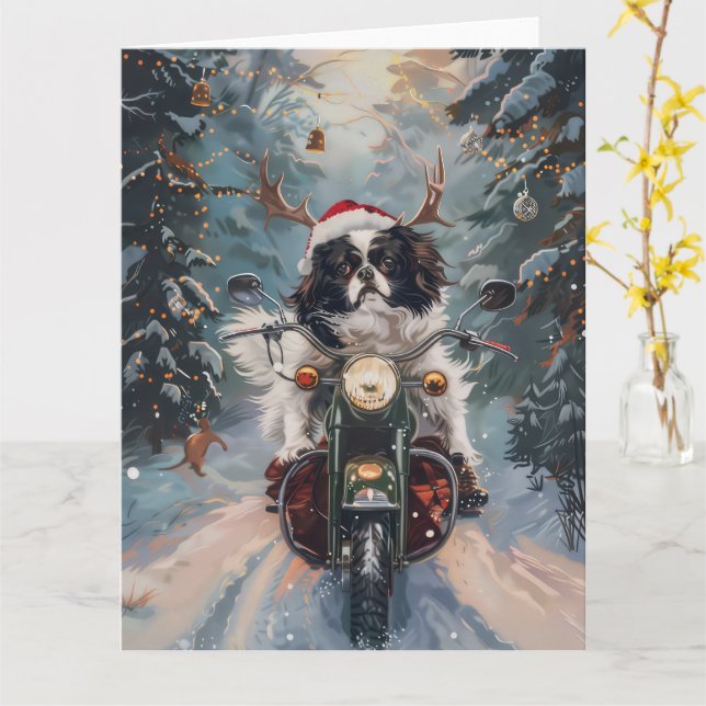 Japanese Chin Dog Riding Motorcycle Christmas Card (Yellow Flower)