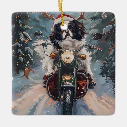 Japanese Chin Dog Riding Motorcycle Christmas Ceramic Ornament