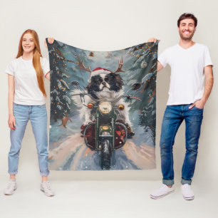 Japanese Chin Dog Riding Motorcycle Christmas Fleece Blanket