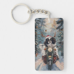 Japanese Chin Dog Riding Motorcycle Christmas Keychain