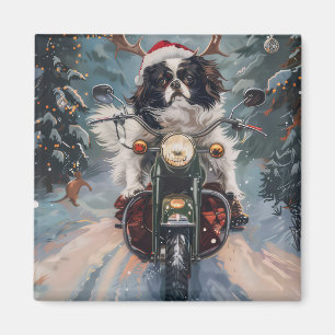 Japanese Chin Dog Riding Motorcycle Christmas Magnet