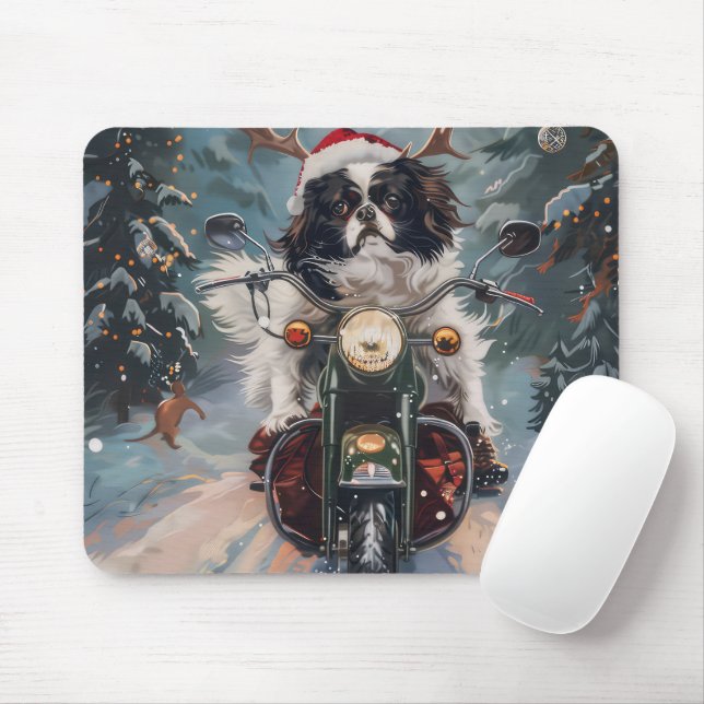 Japanese Chin Dog Riding Motorcycle Christmas Mouse Pad (With Mouse)