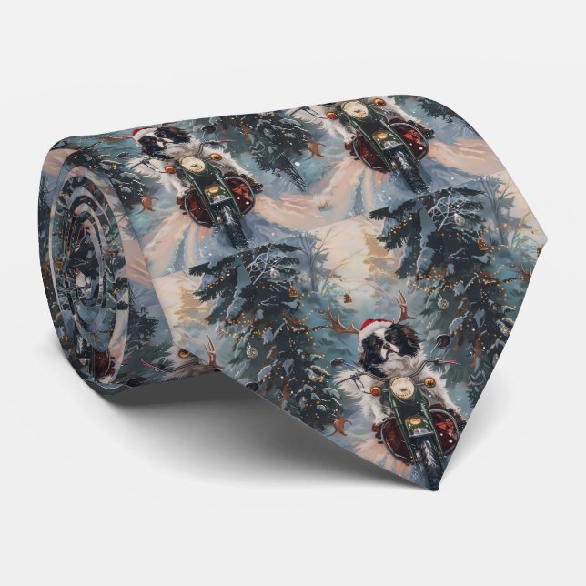 Japanese Chin Dog Riding Motorcycle Christmas Neck Tie (Rolled)