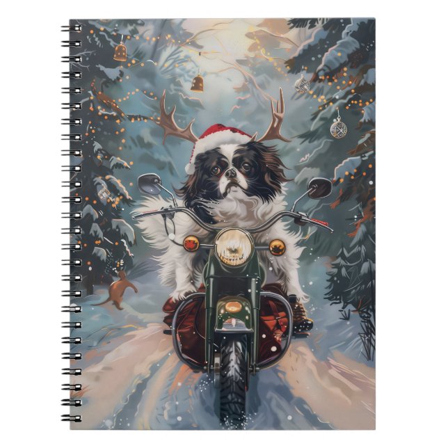 Japanese Chin Dog Riding Motorcycle Christmas Notebook (Front)