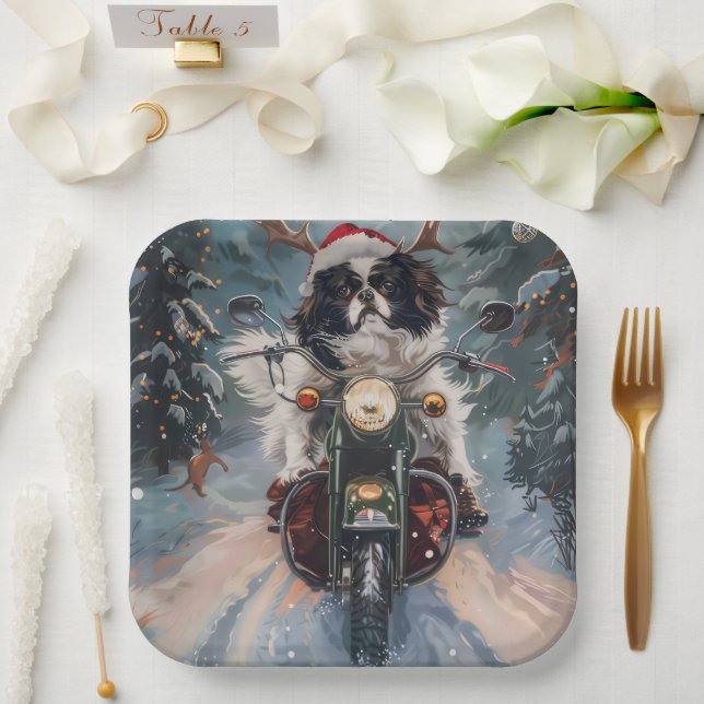 Japanese Chin Dog Riding Motorcycle Christmas Paper Plates (Wedding)
