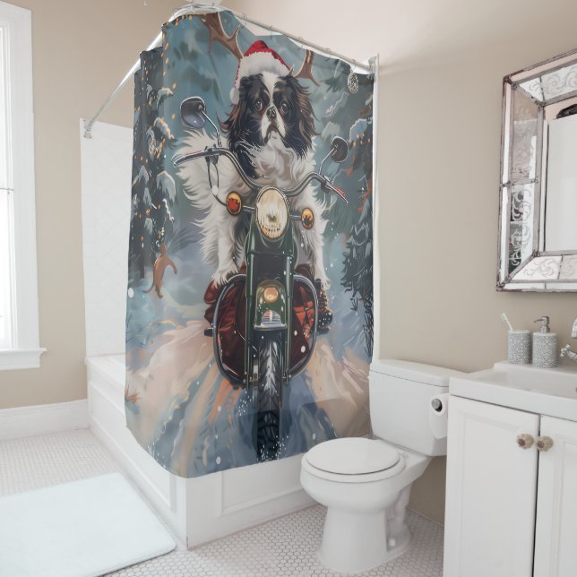 Japanese Chin Dog Riding Motorcycle Christmas Shower Curtain (In Situ)