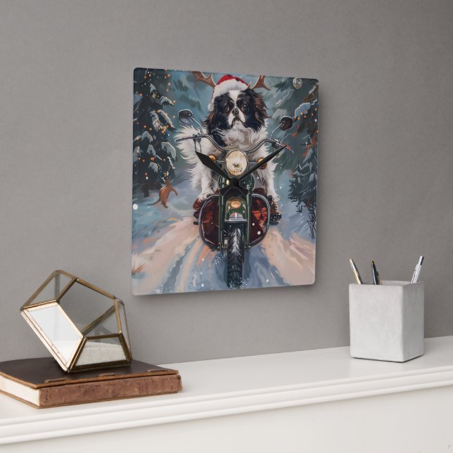 Japanese Chin Dog Riding Motorcycle Christmas Square Wall Clock (Office)