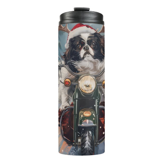 Japanese Chin Dog Riding Motorcycle Christmas Thermal Tumbler (Front)