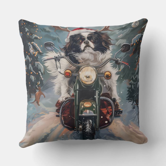 Japanese Chin Dog Riding Motorcycle Christmas Throw Pillow (Back)