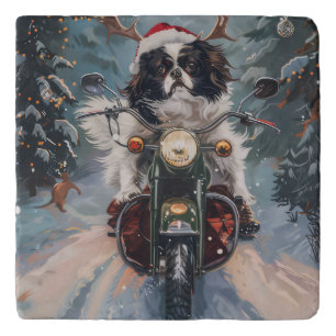 Japanese Chin Dog Riding Motorcycle Christmas Trivet