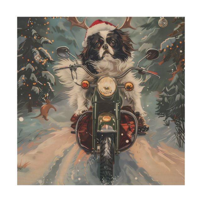Japanese Chin Dog Riding Motorcycle Christmas Wood Wall Art (Front)