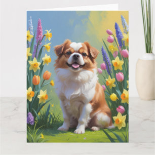 Japanese Chin Dog Spring Flowers Painting Card