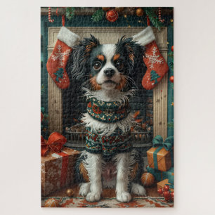 Japanese Chin Dog With Christmas Gifts Fireplace Jigsaw Puzzle