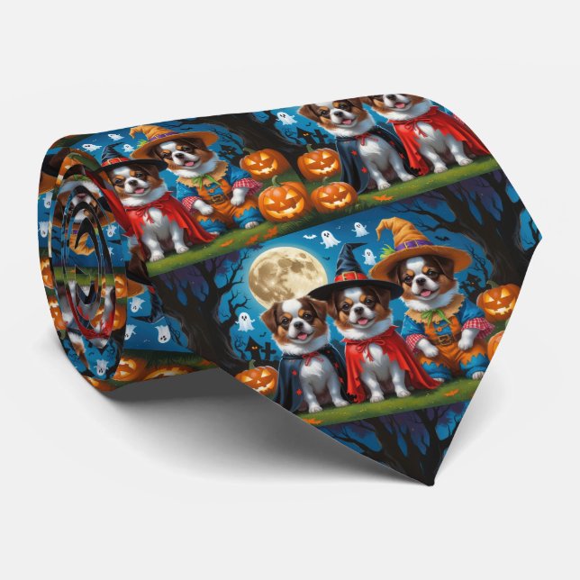 Japanese Chin Dogs Pumpkin Halloween Funny Neck Tie (Rolled)