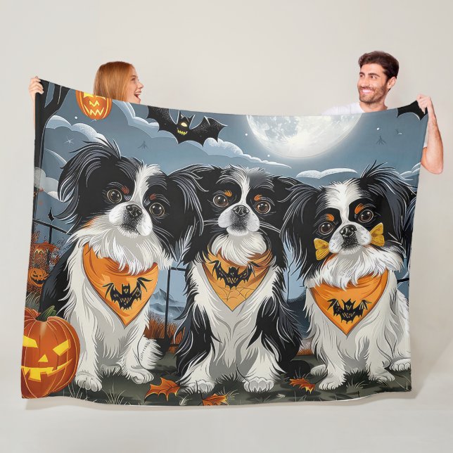 Japanese Chin Halloween Spooky Fleece Blanket (In Situ)