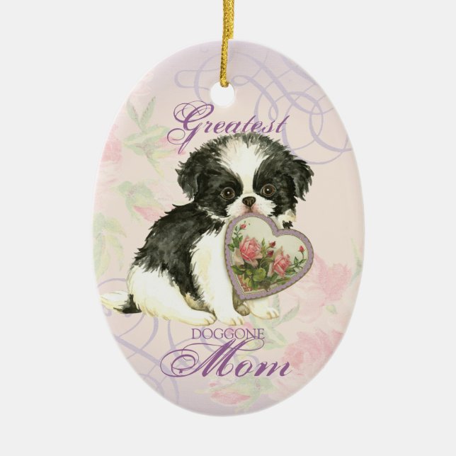 Japanese Chin Heart Mom Ceramic Ornament (Front)