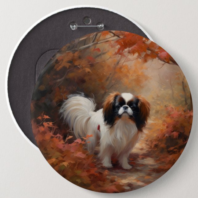 Japanese Chin in Autumn Leaves Fall Inspire Button (Front & Back)