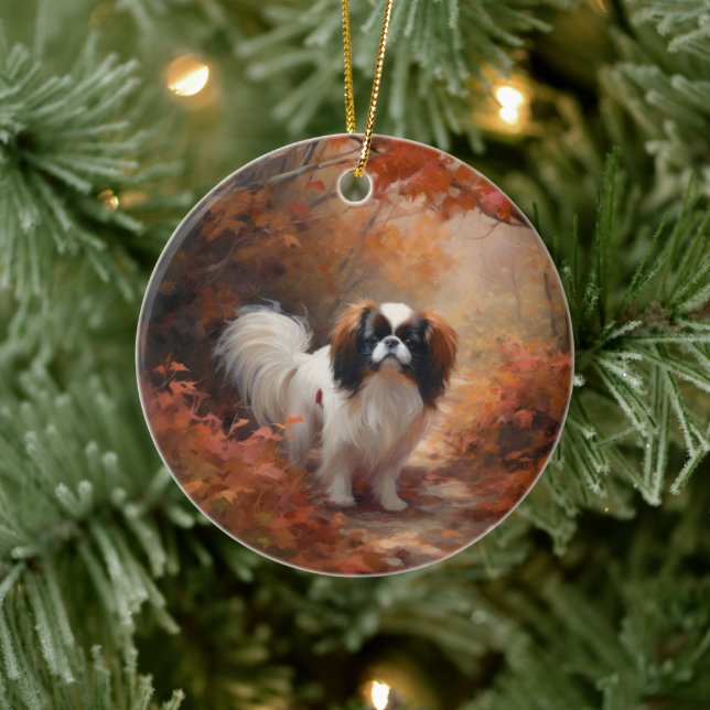 Japanese Chin in Autumn Leaves Fall Inspire Ceramic Ornament (Tree)
