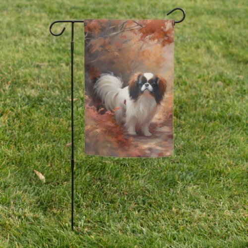 Japanese Chin in Autumn Leaves Fall Inspire Garden Flag