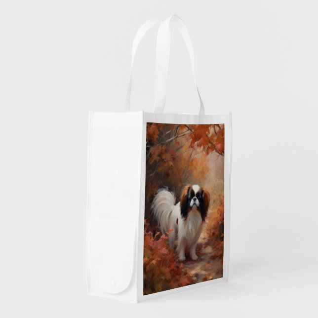 Japanese Chin in Autumn Leaves Fall Inspire Grocery Bag (Front Side)