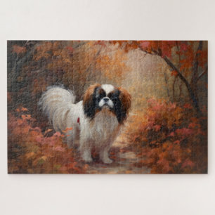 Japanese Chin in Autumn Leaves Fall Inspire Jigsaw Puzzle