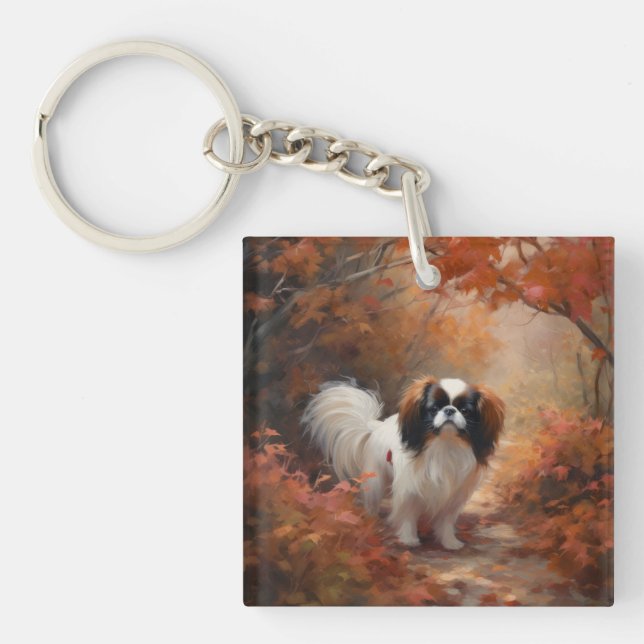 Japanese Chin in Autumn Leaves Fall Inspire Keychain (Front)