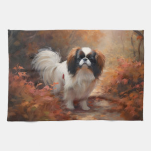 Japanese Chin in Autumn Leaves Fall Inspire Kitchen Towel