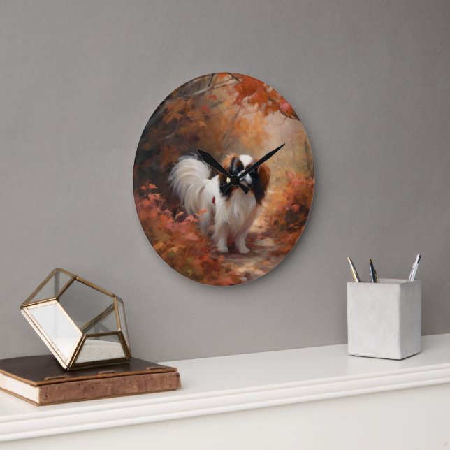 Japanese Chin in Autumn Leaves Fall Inspire Large Clock (Office)