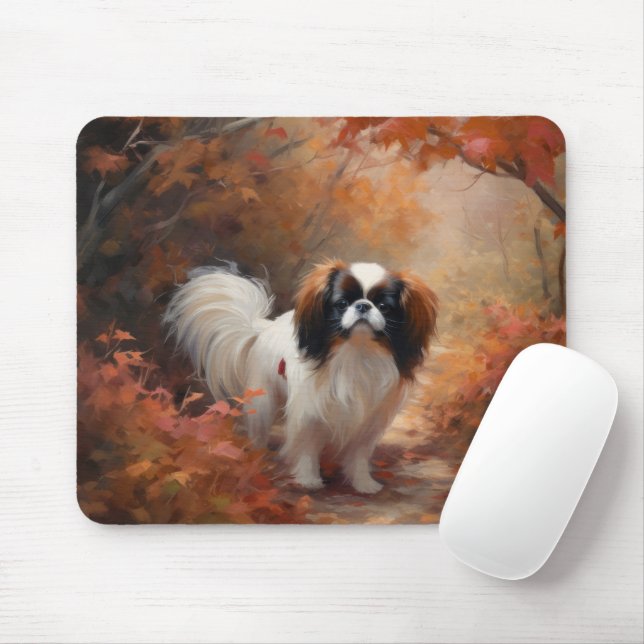 Japanese Chin in Autumn Leaves Fall Inspire Mouse Pad (With Mouse)