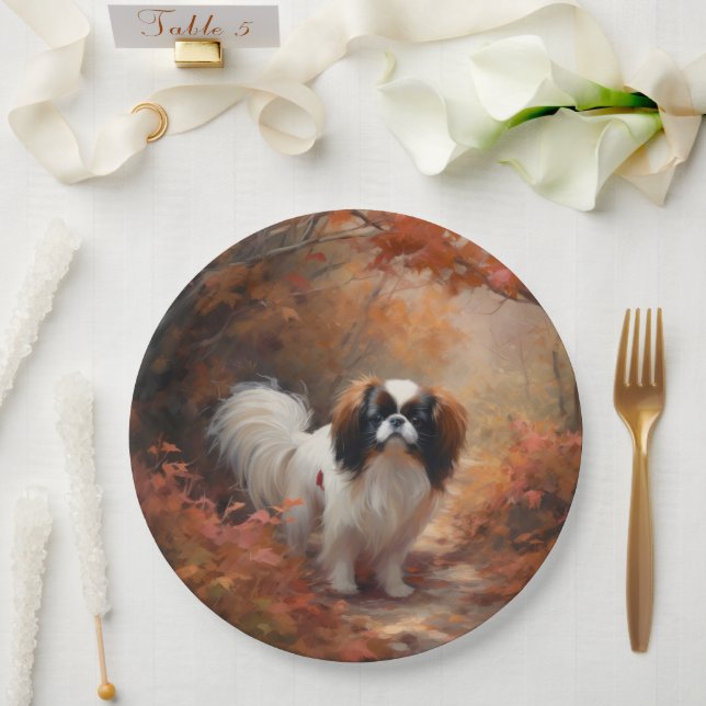 Japanese Chin in Autumn Leaves Fall Inspire Paper Plates (Wedding)
