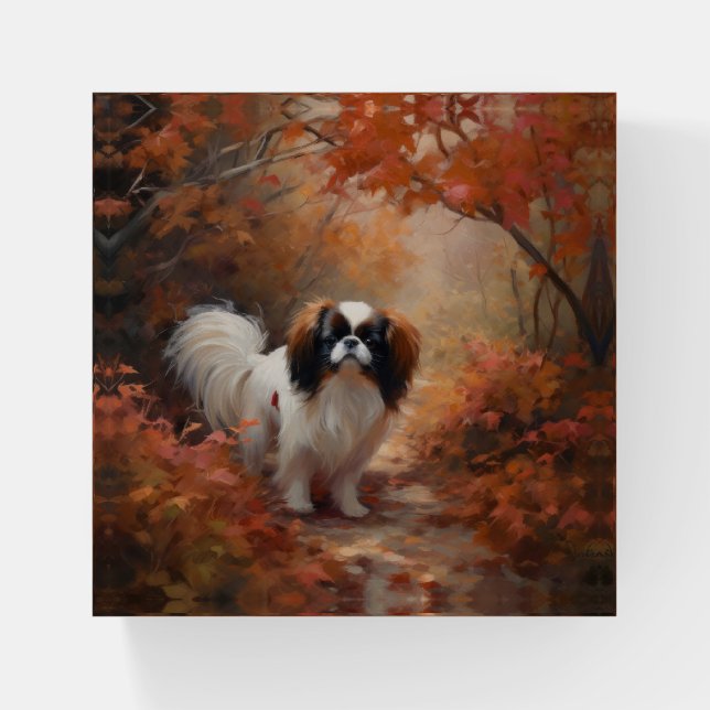 Japanese Chin in Autumn Leaves Fall Inspire Paperweight (Front)