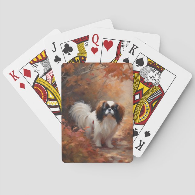 Japanese Chin in Autumn Leaves Fall Inspire Poker Cards (Back)