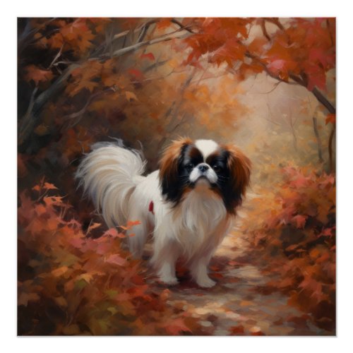 Japanese Chin in Autumn Leaves Fall Inspire Poster