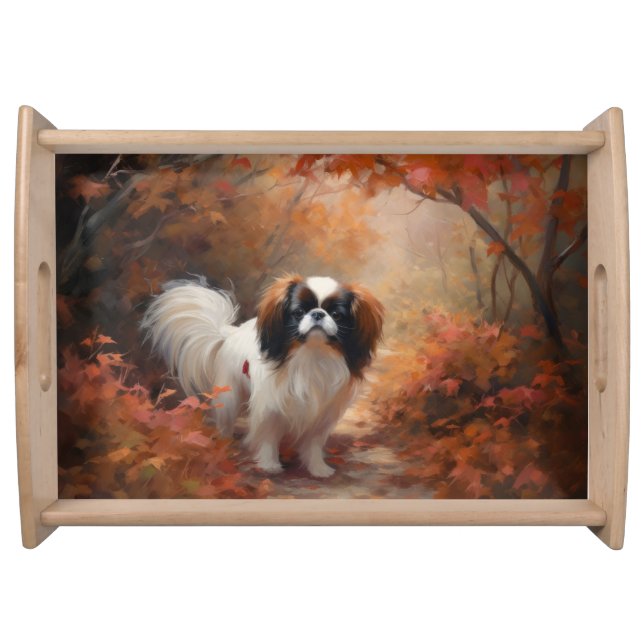 Japanese Chin in Autumn Leaves Fall Inspire Serving Tray (Front)